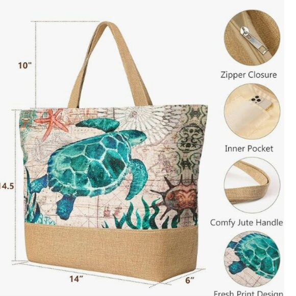 Turtle  Beach Bag for Women, Large Beach Tote Bags with Zipper, Woven Straw Tote - Picture 5 of 5